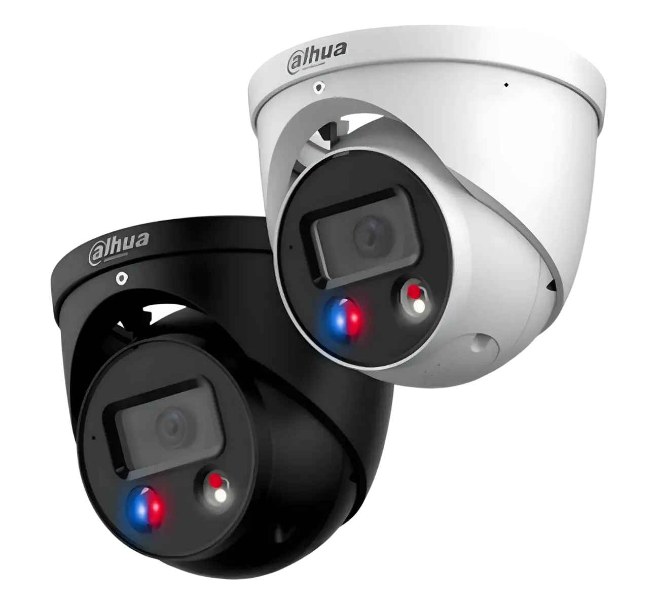 Active deterrence cameras in white and black housings with red and blue strobes and a built-in siren
