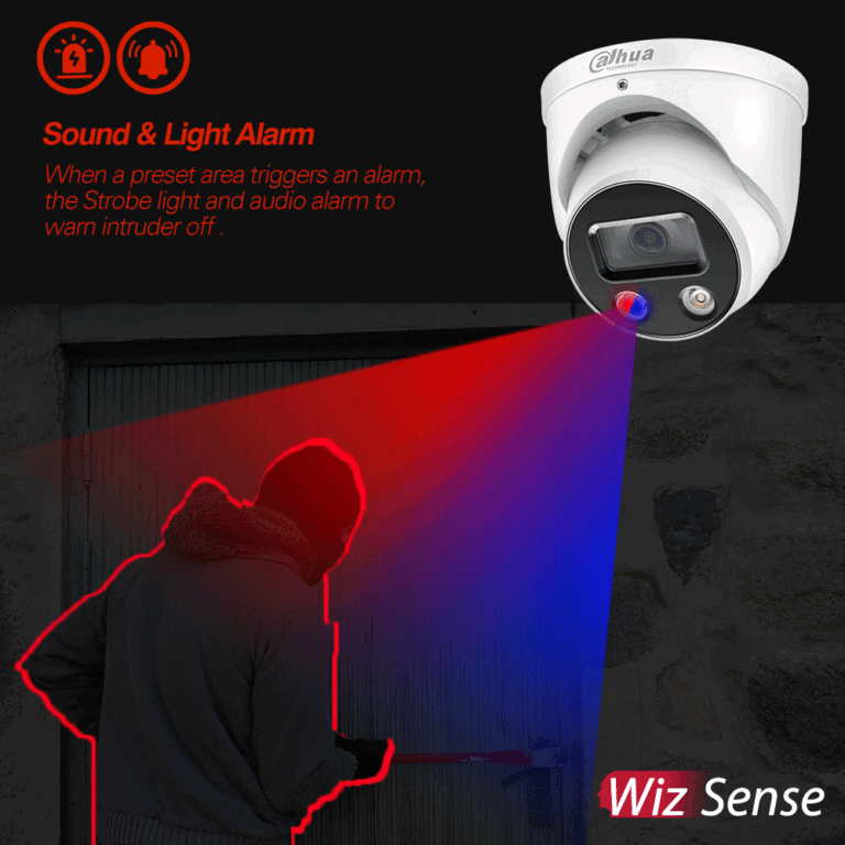 Active deterrence camera triggering its siren and strobe lights on a person in the driveway