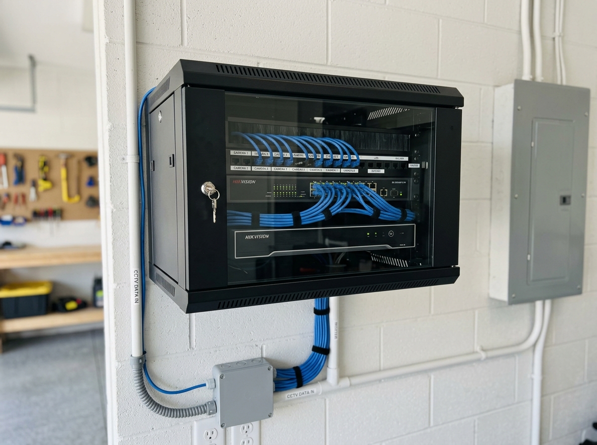 Wall-mounted network rack with neatly dressed blue Cat6 cables running to a security recorder